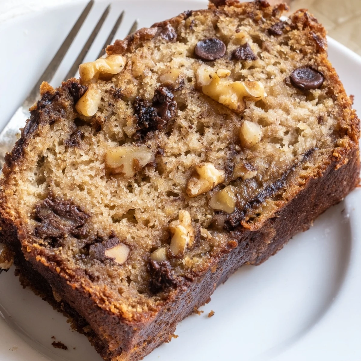 Warm slice of moist banana bread served on white plate with crumb detail