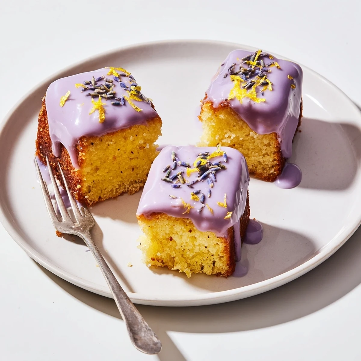 Small fluffy lemon bundt cakes topped with smooth lavender frosting on a white serving plate