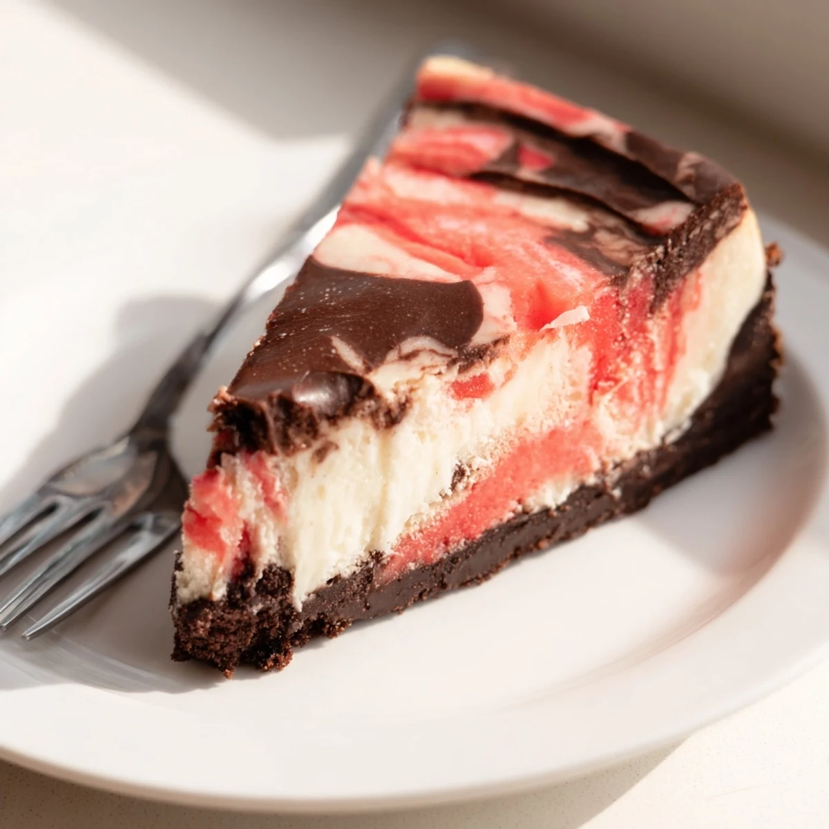 Rich chocolate strawberry swirl cheesecake slice showcasing smooth marbled layers of strawberry puree and melted dark chocolate on a chocolate crumb base