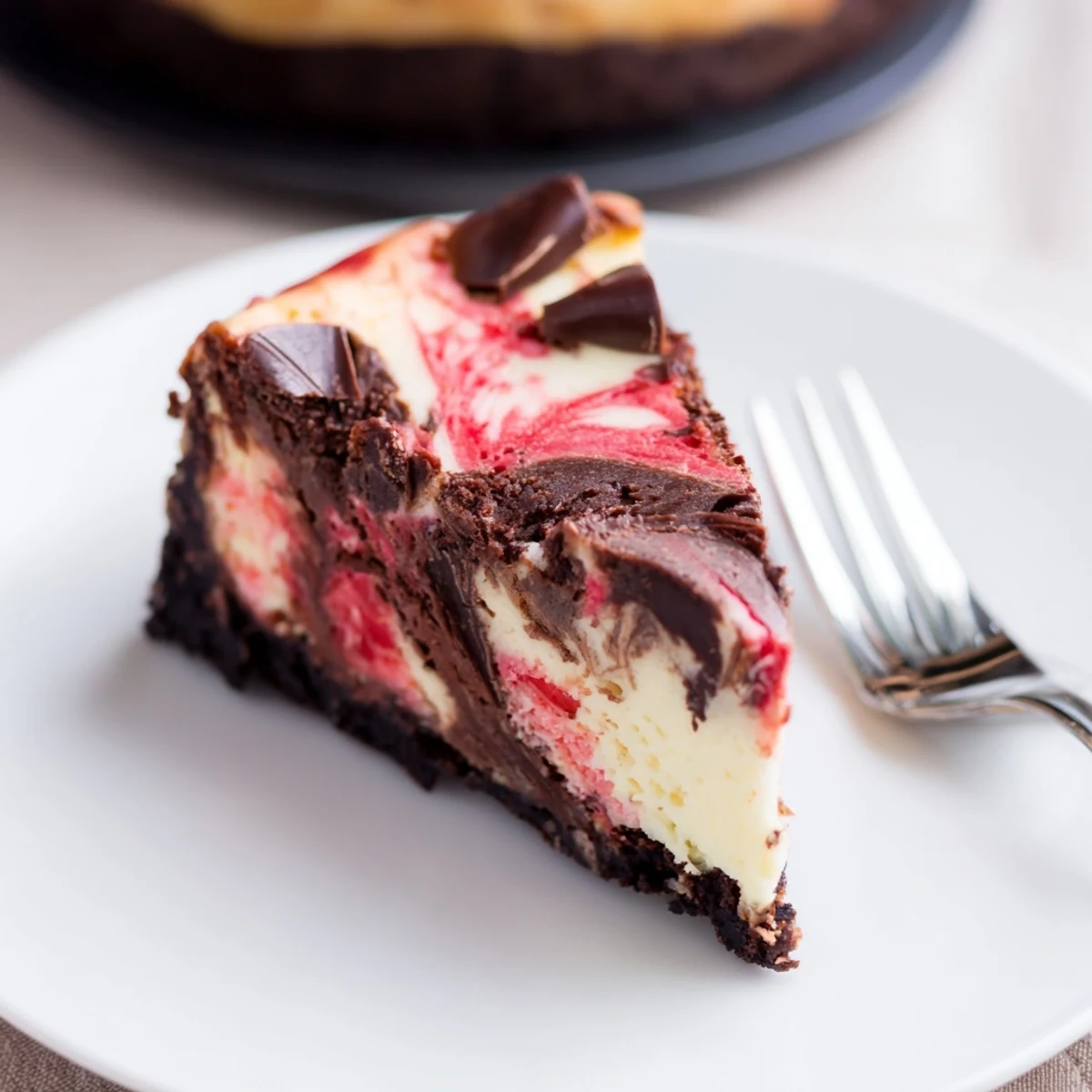 Decadent chocolate strawberry swirl cheesecake with vibrant red ribbons swirled through creamy chocolate filling on a dark cookie crust