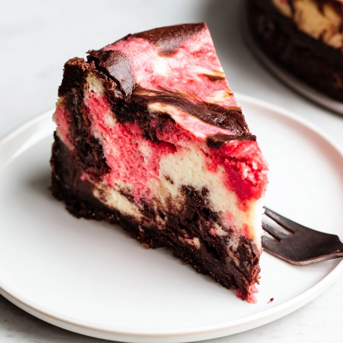 Creamy chocolate strawberry swirl cheesecake with luscious red berry patterns cascading through the velvety chocolate cheesecake layer atop a crisp crust