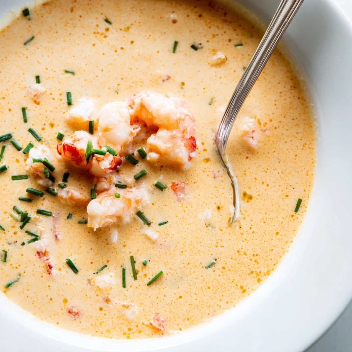 Creamy seafood bisque featuring tender crab and shrimp in a smooth orange-hued bowl garnished with fresh chives