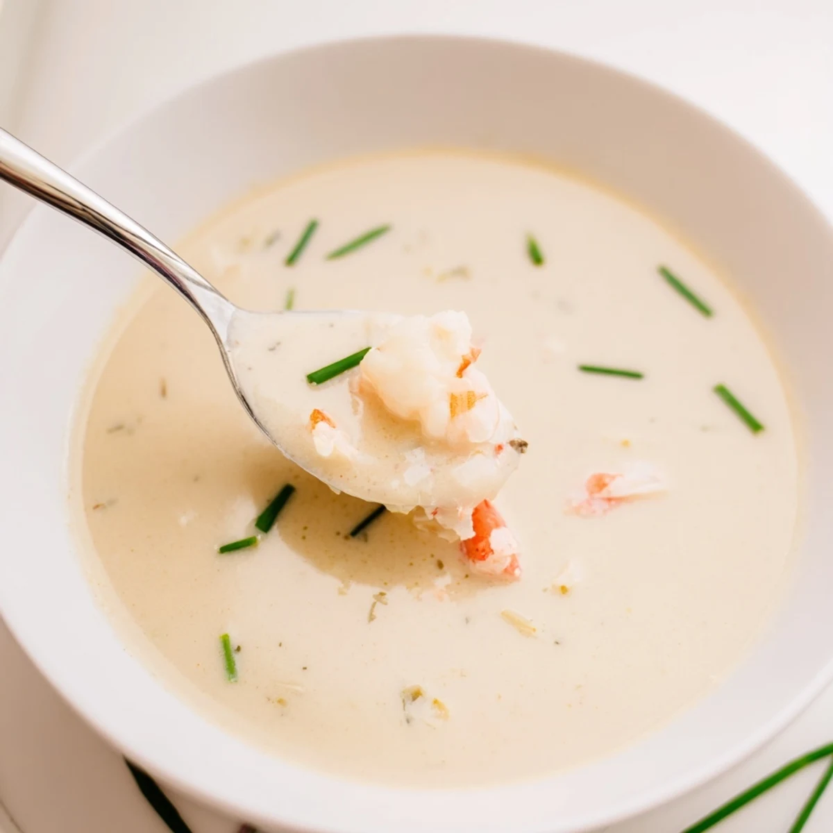 Steaming bowl of luxurious seafood bisque topped with chopped parsley and a side of lemon wedges