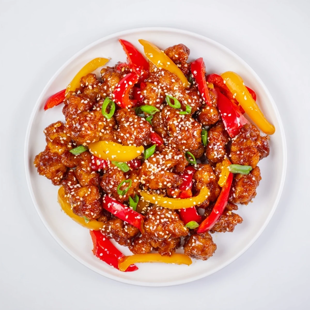 Golden spicy dragon chicken glazed in sticky red sauce with colorful bell pepper slices