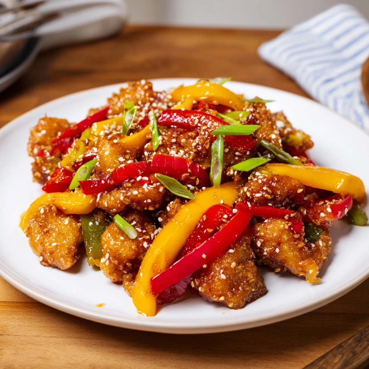 Crispy spicy dragon chicken wok stir-fried with vibrant peppers and aromatic garlic ginger glaze