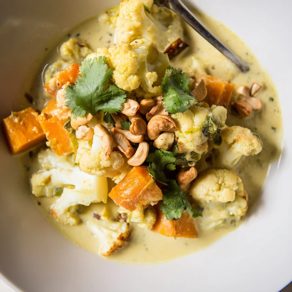 Rich vegetarian korma curry featuring tender sweet potato cauliflower florets in spiced coconut sauce