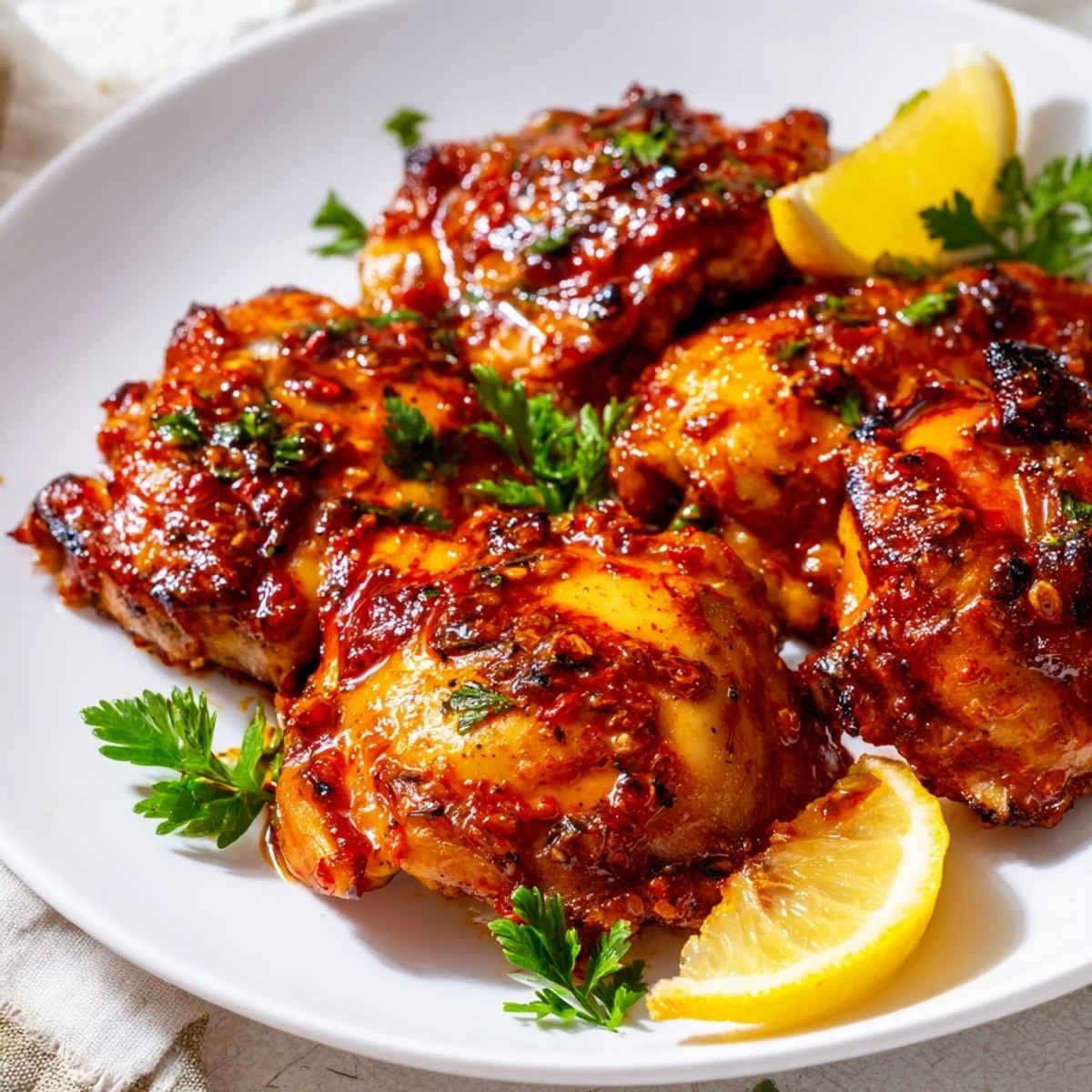 Oven-baked Chicken Diablo featuring zesty tomato sauce and fresh parsley garnish on plate