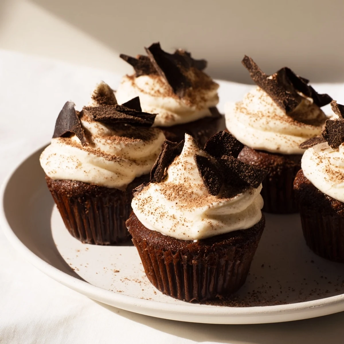 Chocolate tiramisu cupcakes topped with fluffy mascarpone frosting and dusted cocoa powder