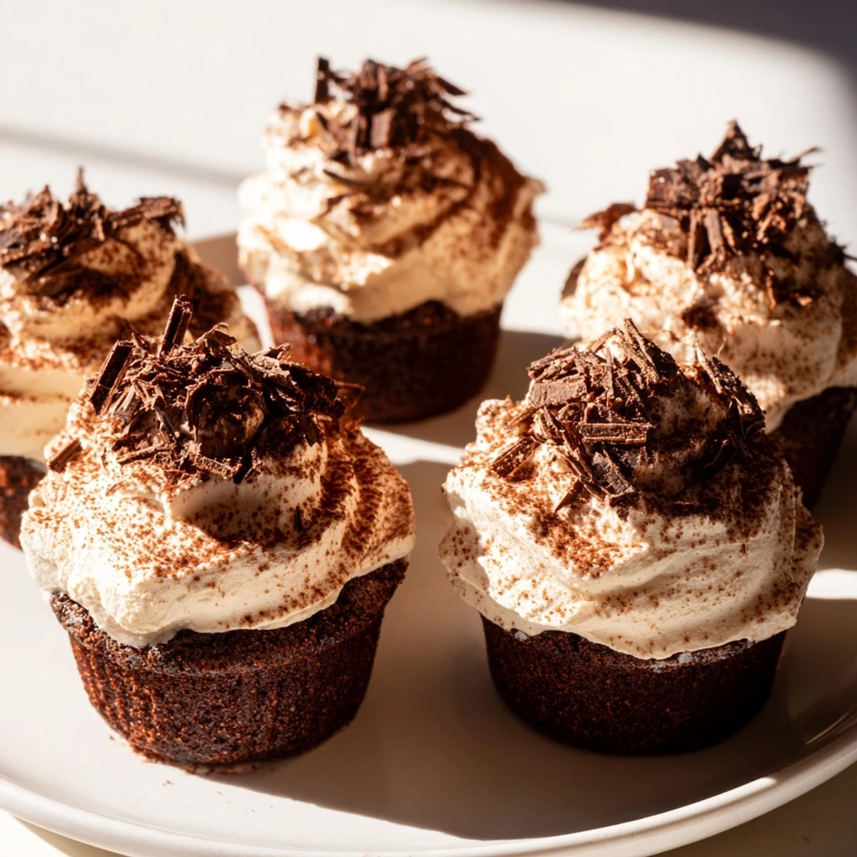 Rich chocolate tiramisu cupcakes with whipped mascarpone frosting and dark chocolate shavings