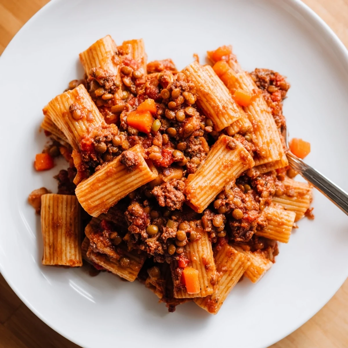 Golden brown Healthy Beef and Lentil Bolognese sauce generously mounded over spaghetti in a white bowl