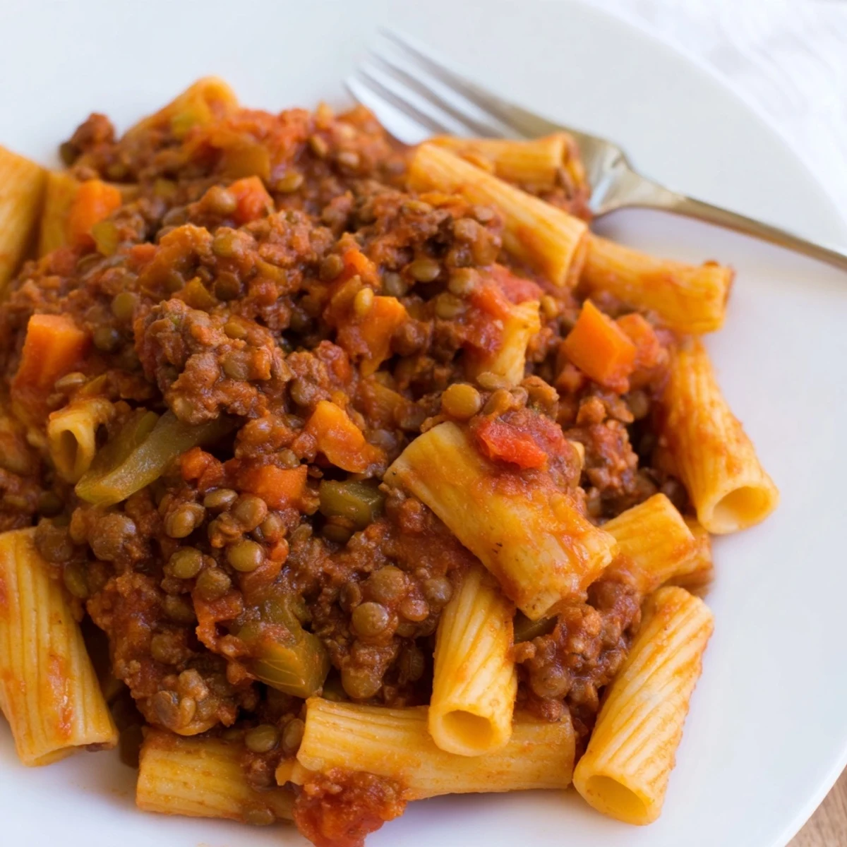 Steaming plate of Healthy Beef and Lentil Bolognese topped with fresh grated Parmesan and green basil garnish