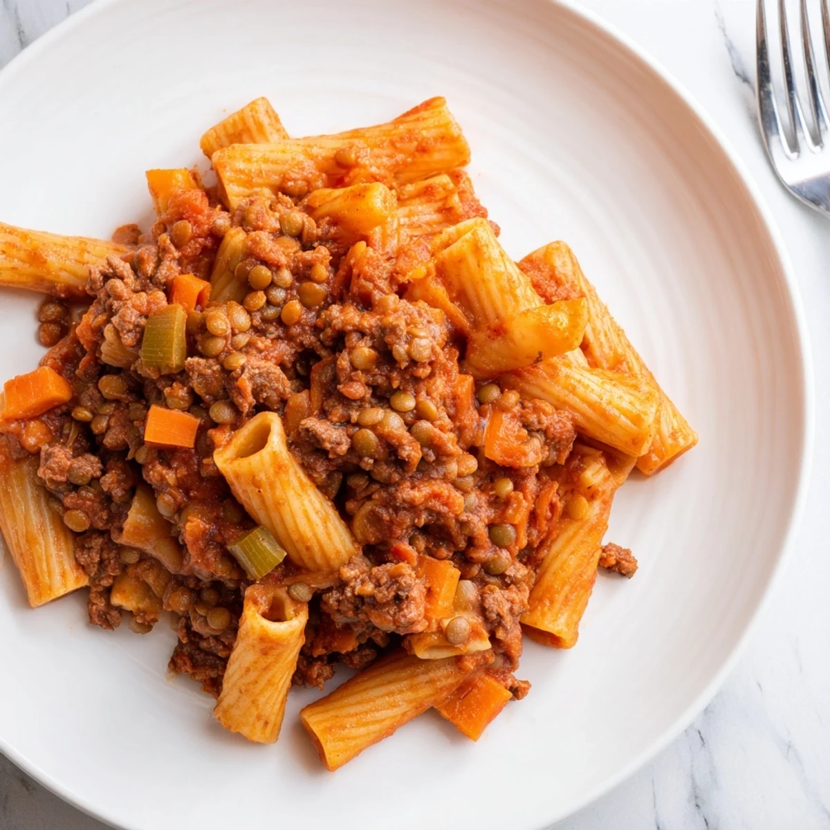 Close up of rich thick Healthy Beef and Lentil Bolognese with diced tomatoes and tender beef pieces