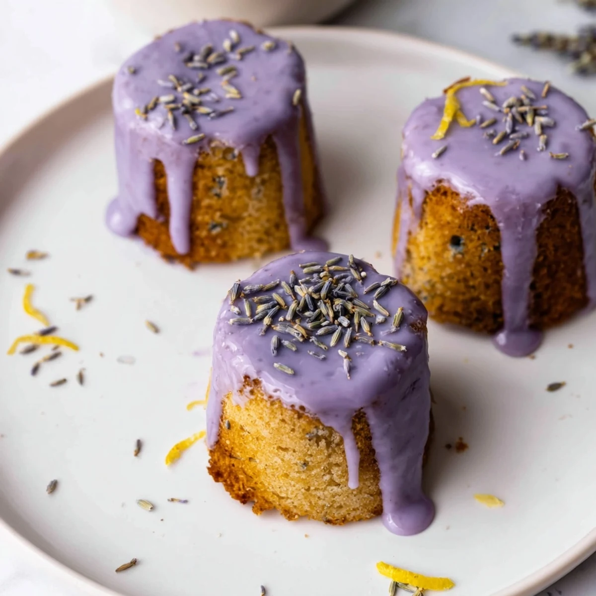 Golden mini lemon cakes drizzled with purple lavender glaze and garnished with fresh lemon zest