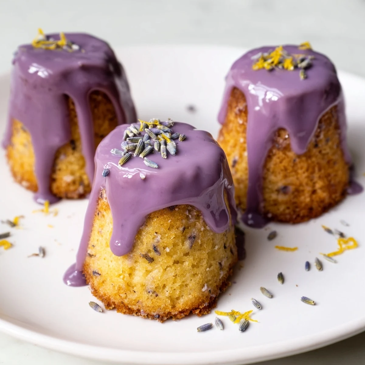 Elegant bite-sized lemon bundt cakes topped with floral lavender icing and dried lavender buds