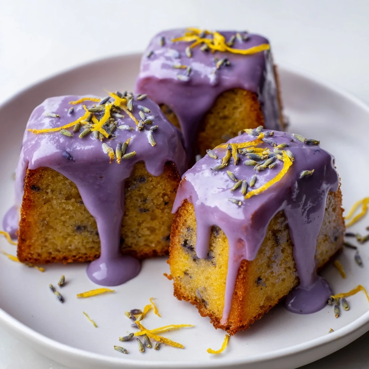 Moist tangy lemon mini cakes with smooth lavender glaze on a white serving platter
