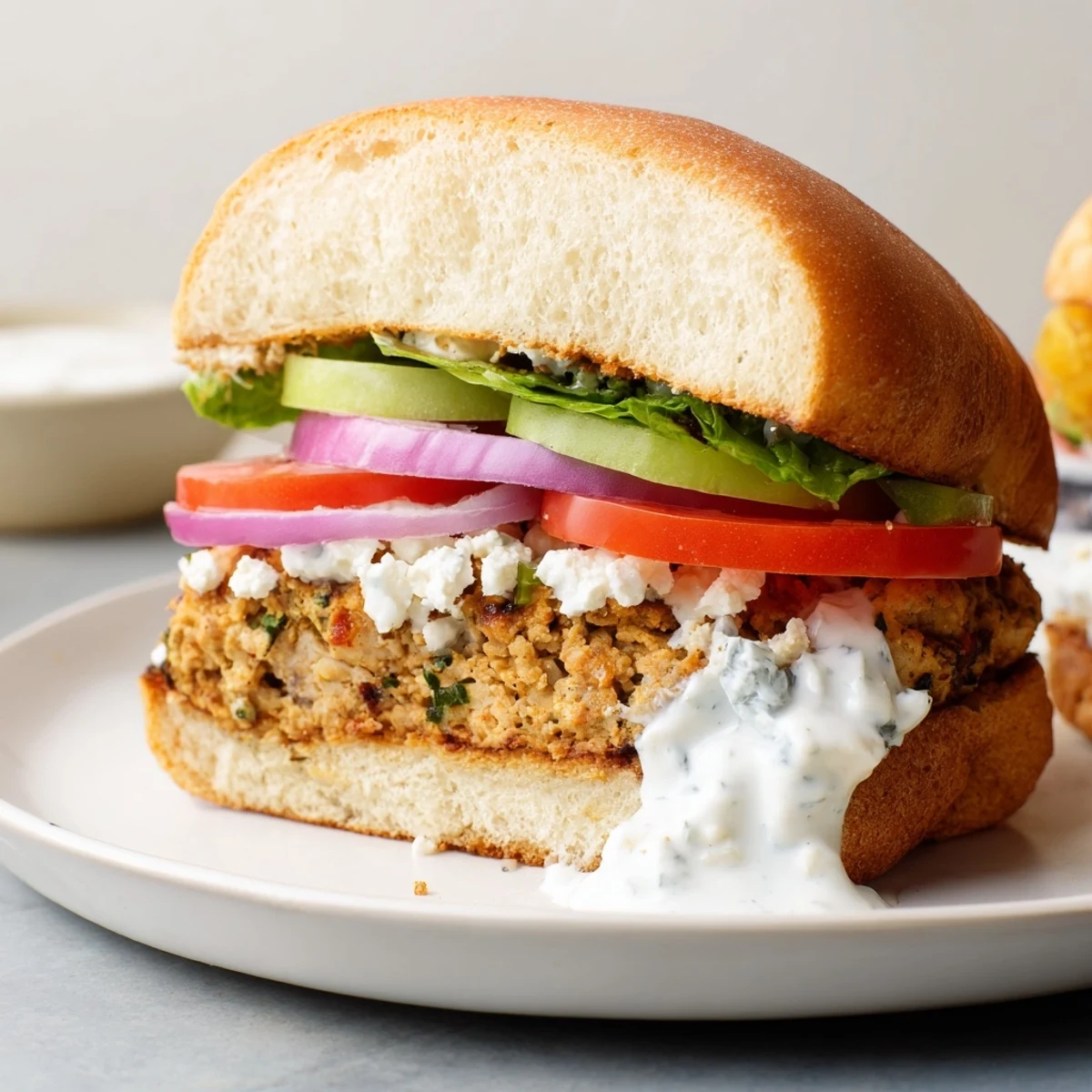 Homemade tzatziki sauce drizzled over juicy Greek chicken burgers assembled on toasted sesame buns with garden toppings