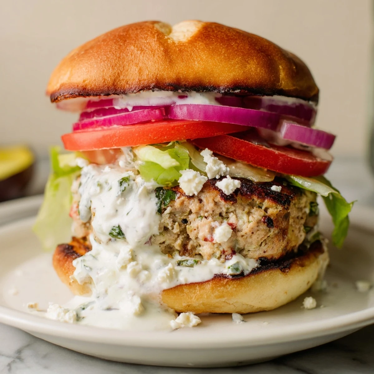 Succulent chicken patties seasoned with Mediterranean herbs served on brioche buns with crisp lettuce tomato onions