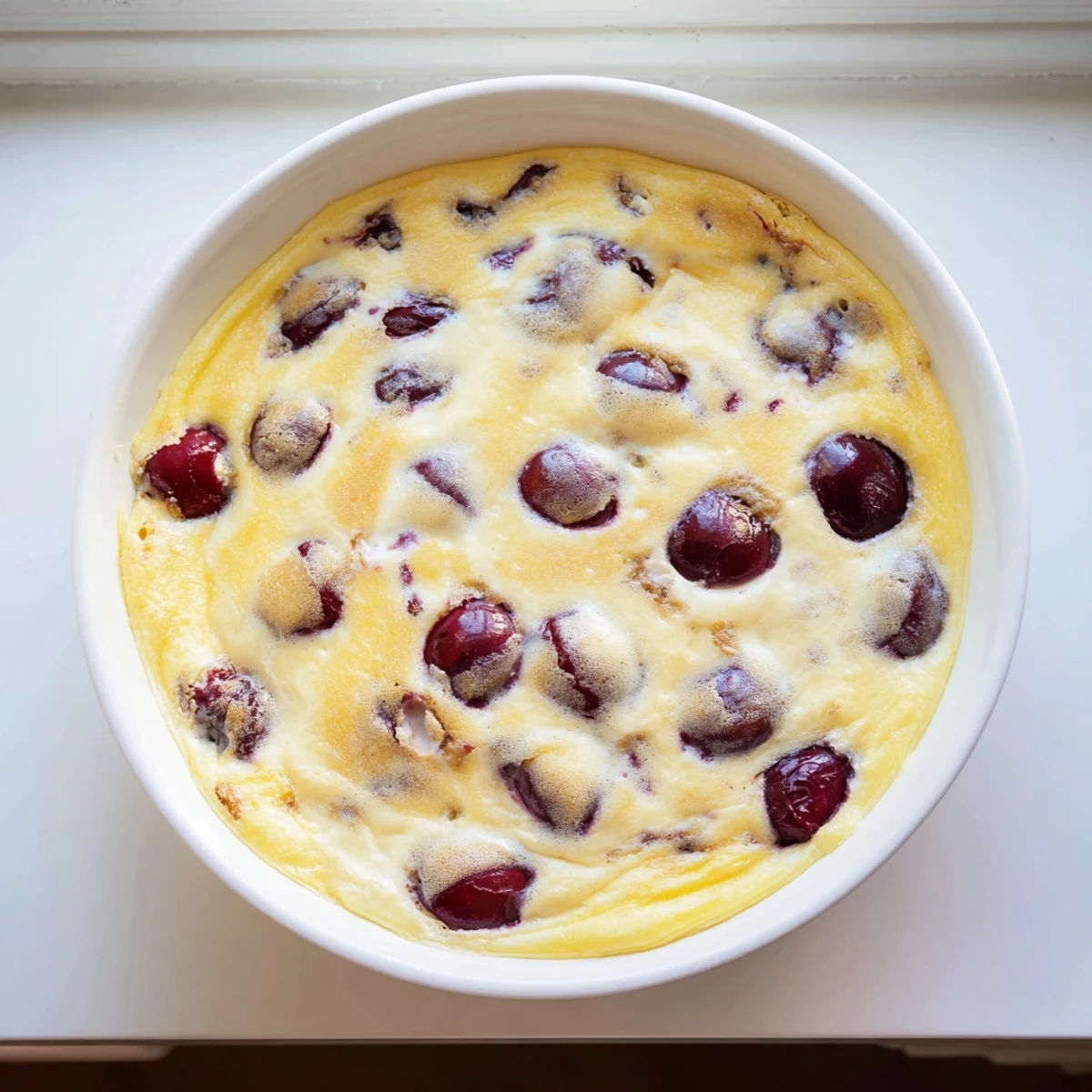 Creamy cherry custard baked until golden with fresh red cherries in a white dish