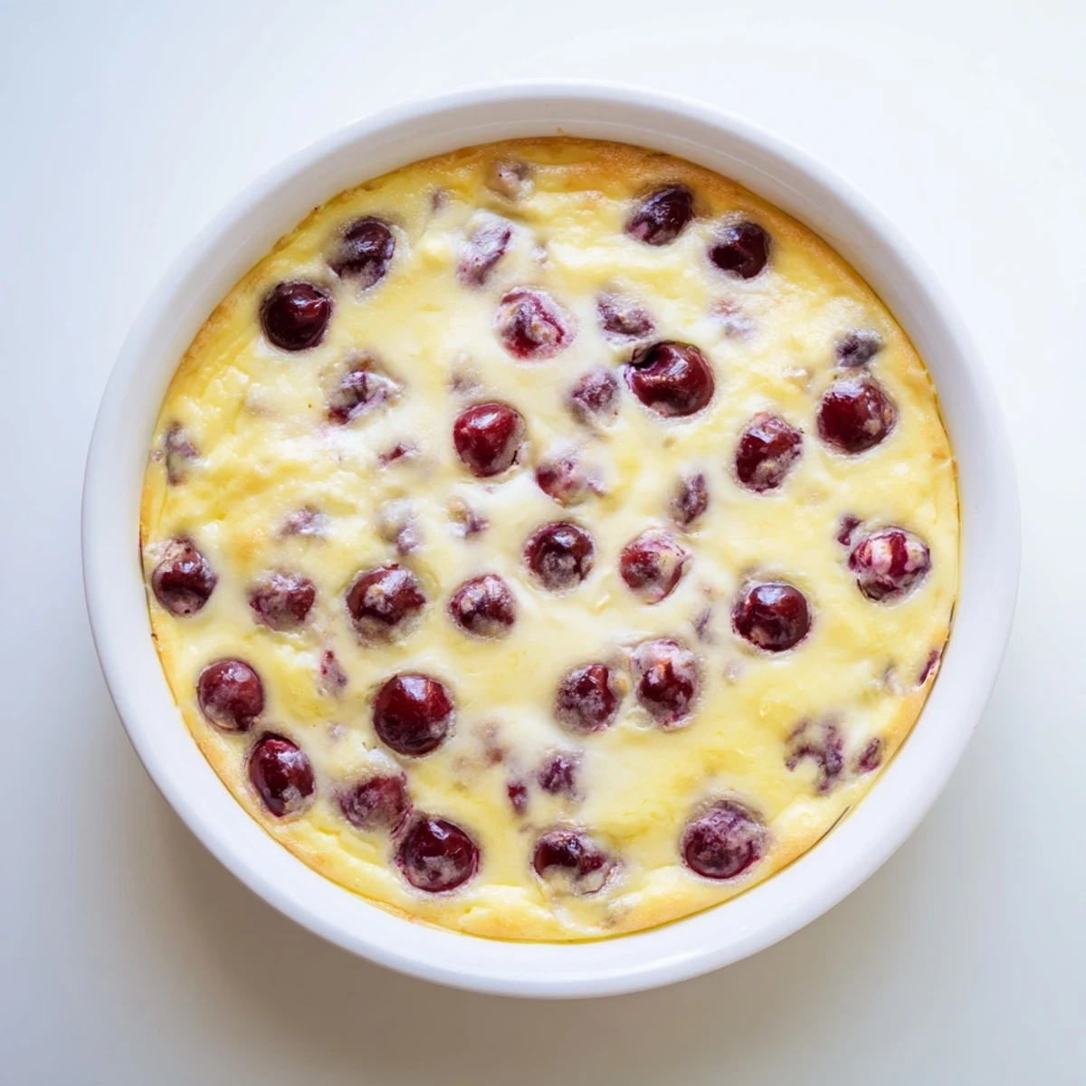 Golden cherry custard dessert with juicy baked cherries nestled in creamy vanilla custard
