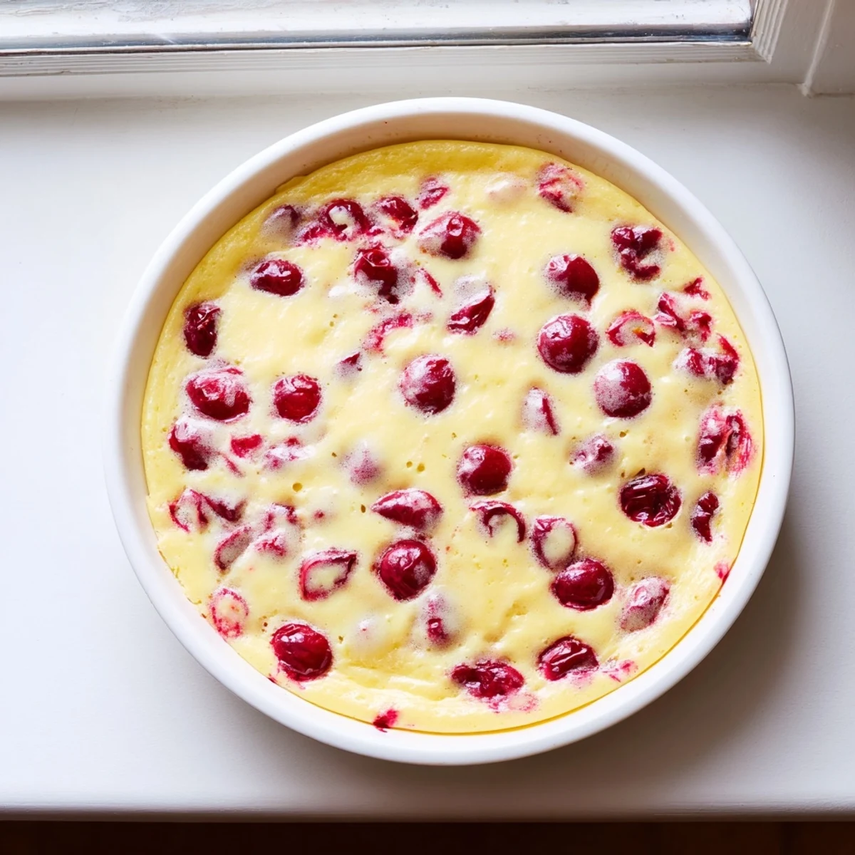 Classic cherry custard featuring tender baked cherries floating in smooth sweet vanilla custard filling