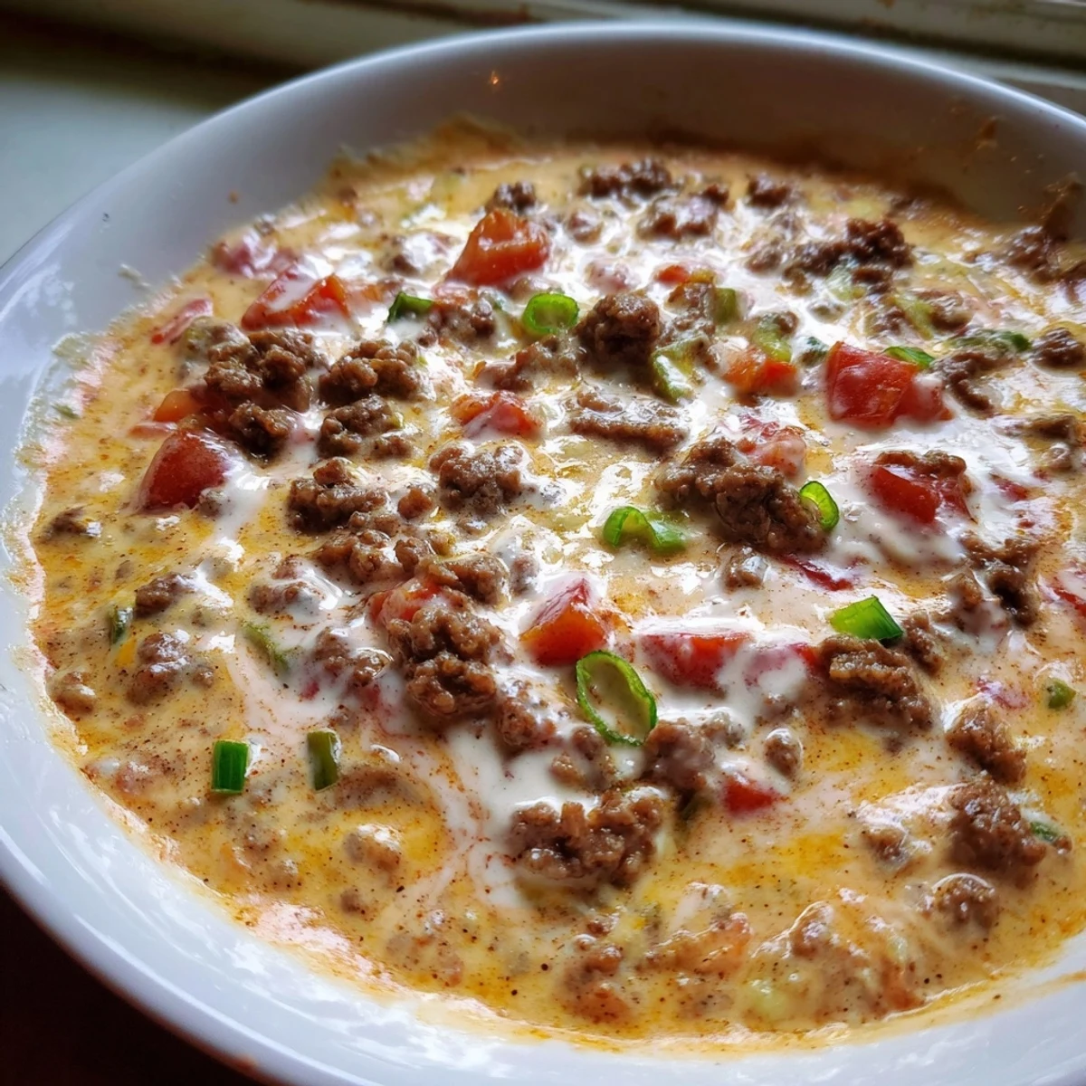 Creamy Rotel dip with ground beef bubbling in a white serving bowl garnished with fresh green onions