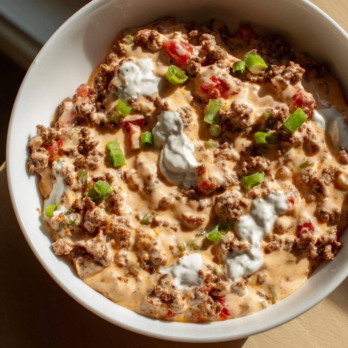 Steaming hot beef Rotel dip featuring gooey processed cheese and diced tomatoes ready for party snacking