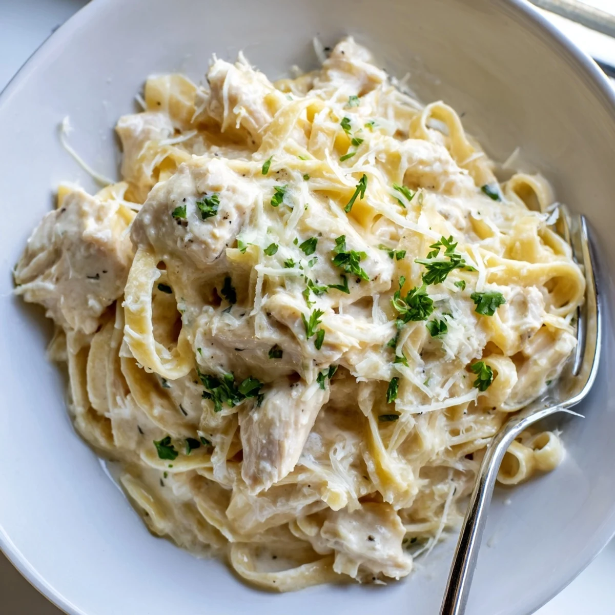 Slow cooker chicken Alfredo pasta topped with fresh parsley and parmesan cheese