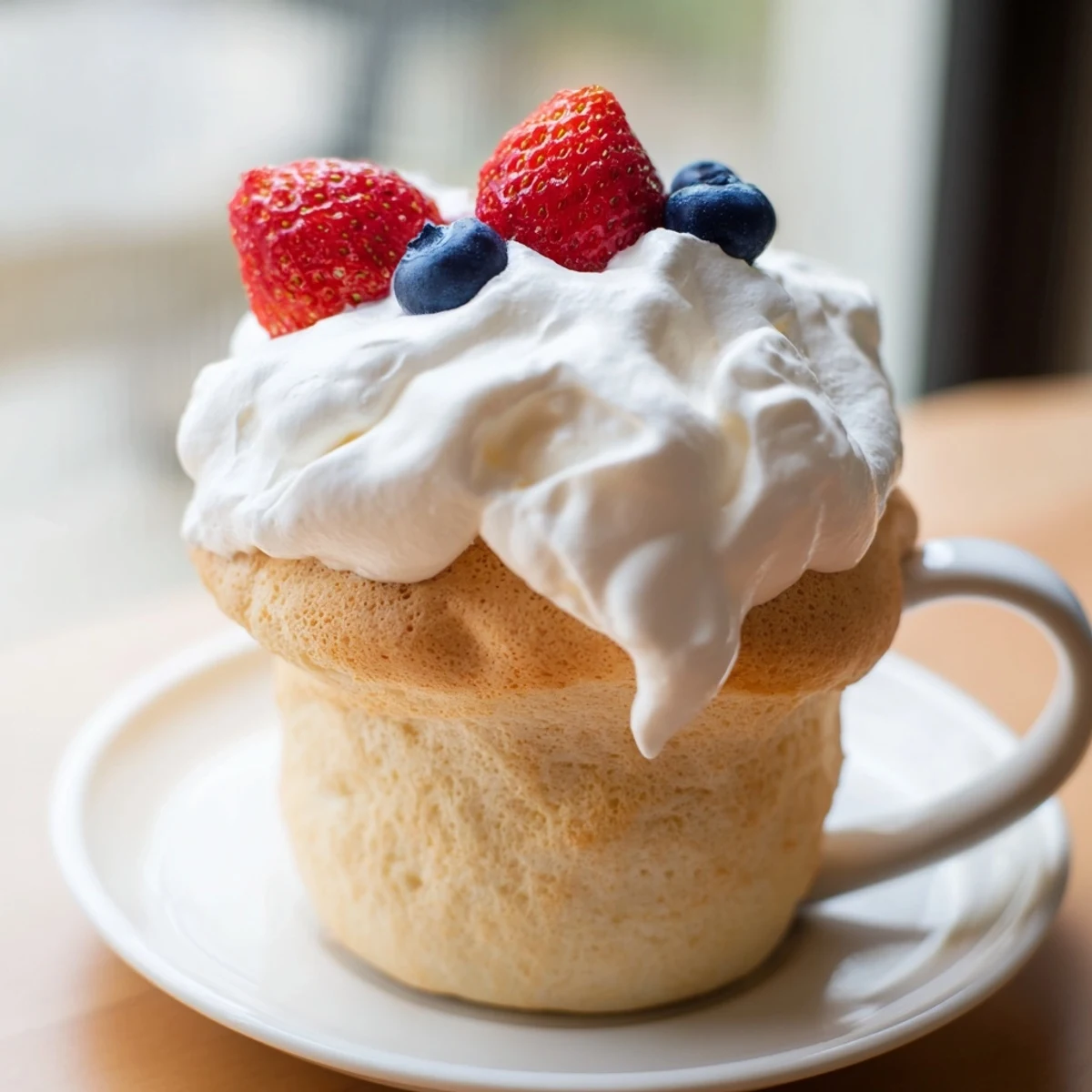 Fluffy white mug cake rising high with blueberry garnish on white plate after air frying