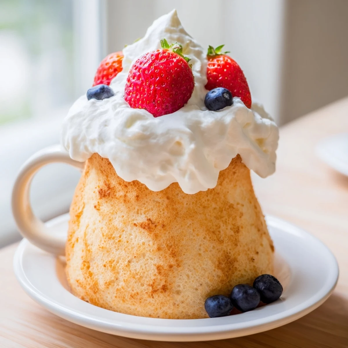 Golden individual air fryer angel food cake topped with fresh whipped cream and red strawberries