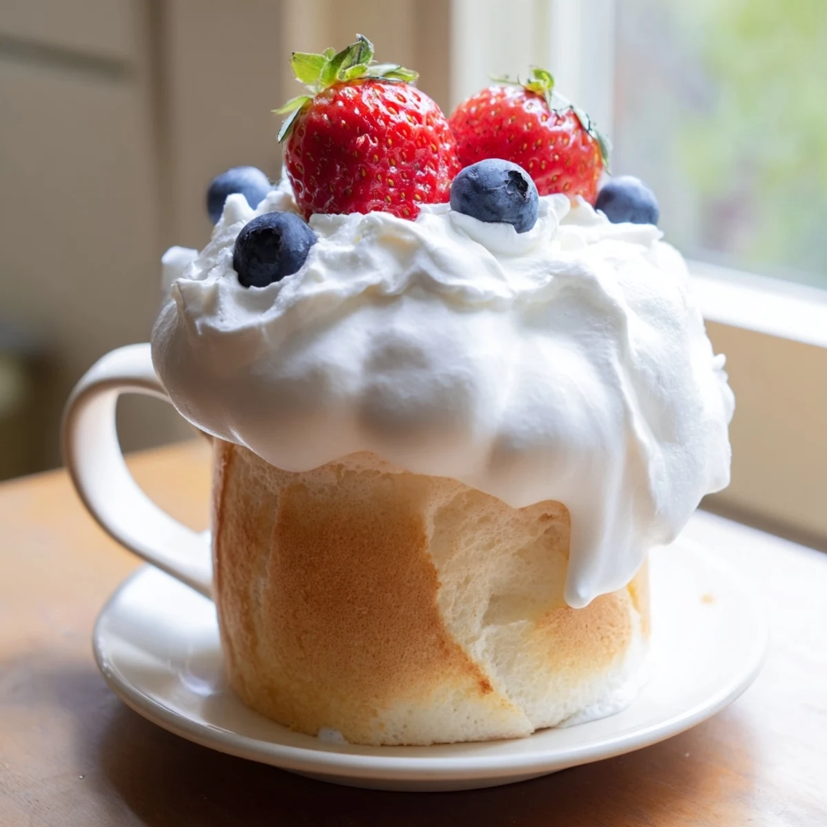 Single-serving angel food cake in ceramic mug with dollop of cream and mixed berry topping