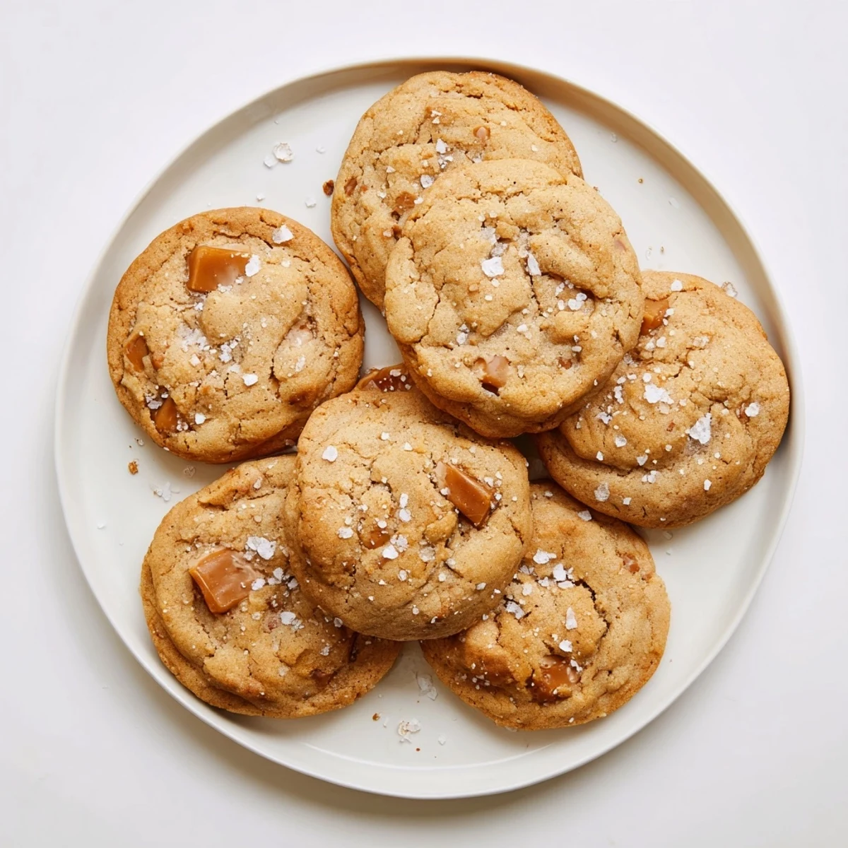 Golden brown sea salt caramel cookies with gooey melted caramel pieces and sparkling flaky salt on top