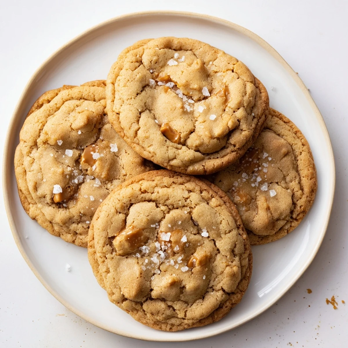 Chewy buttery sea salt caramel cookies arranged on a wire rack with rich caramel bits visible throughout