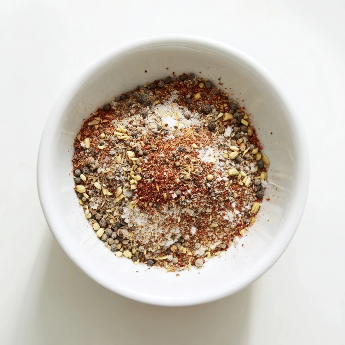 Glass jar filled with aromatic copycat Montreal steak seasoning beside whole black peppercorns and garlic cloves