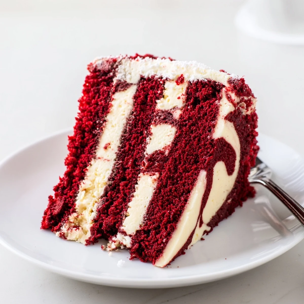Baked red velvet cheesecake swirl cake topped with powdered sugar on a white serving plate