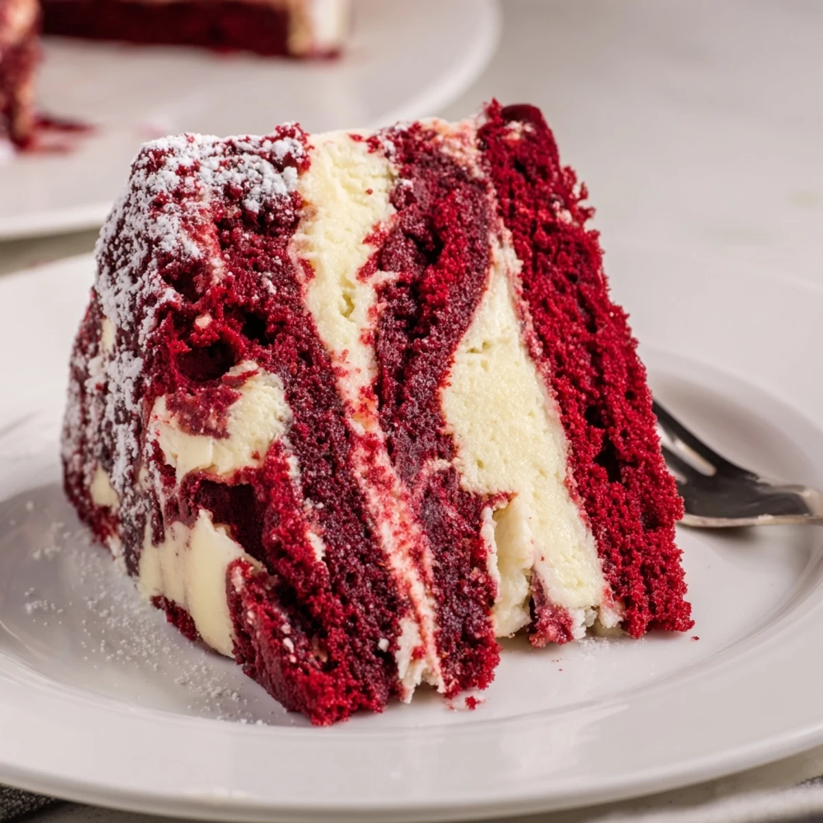 Slice of red velvet cheesecake swirl cake showing vibrant red crumb and white cream cheese marble