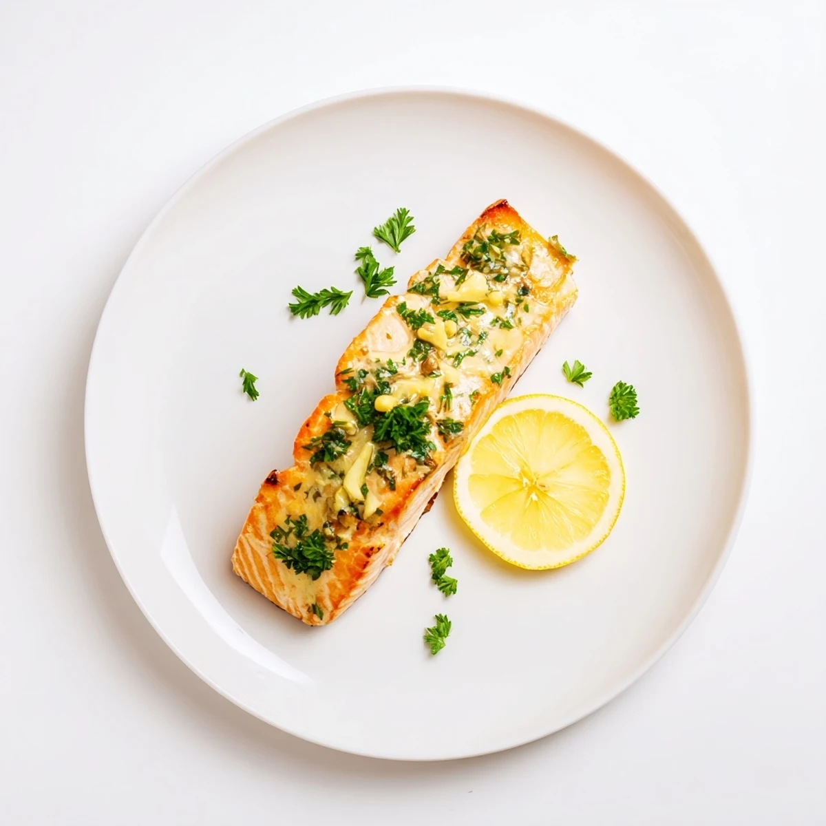 Golden baked salmon fillet glazed with rich garlic butter sauce and fresh parsley