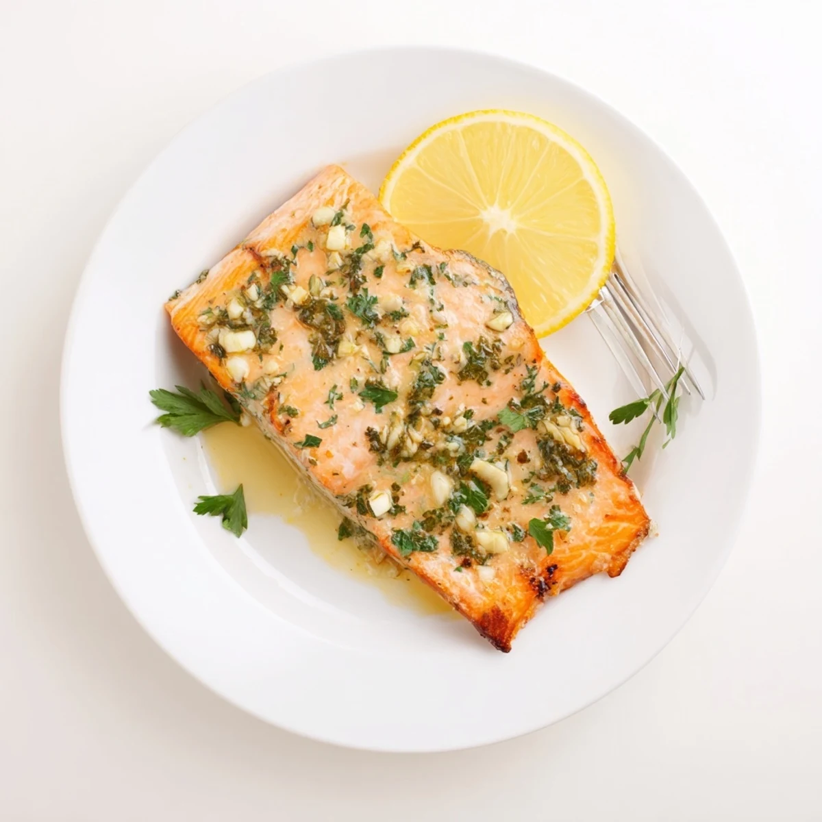 Flaky garlic butter baked salmon served with lemon slices on a white platter