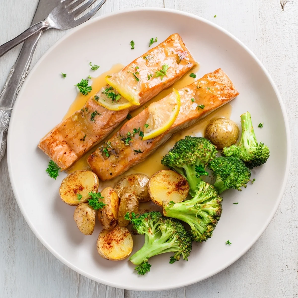 Golden pan-seared salmon glazed with lemon butter sauce alongside roasted vegetables on a white plate