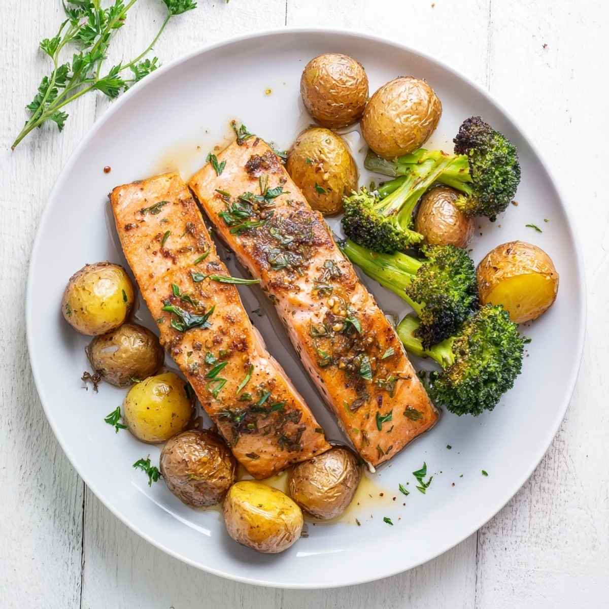 Crispy roasted potatoes and tender broccoli florets surrounding zesty lemon butter salmon on a rustic wooden board