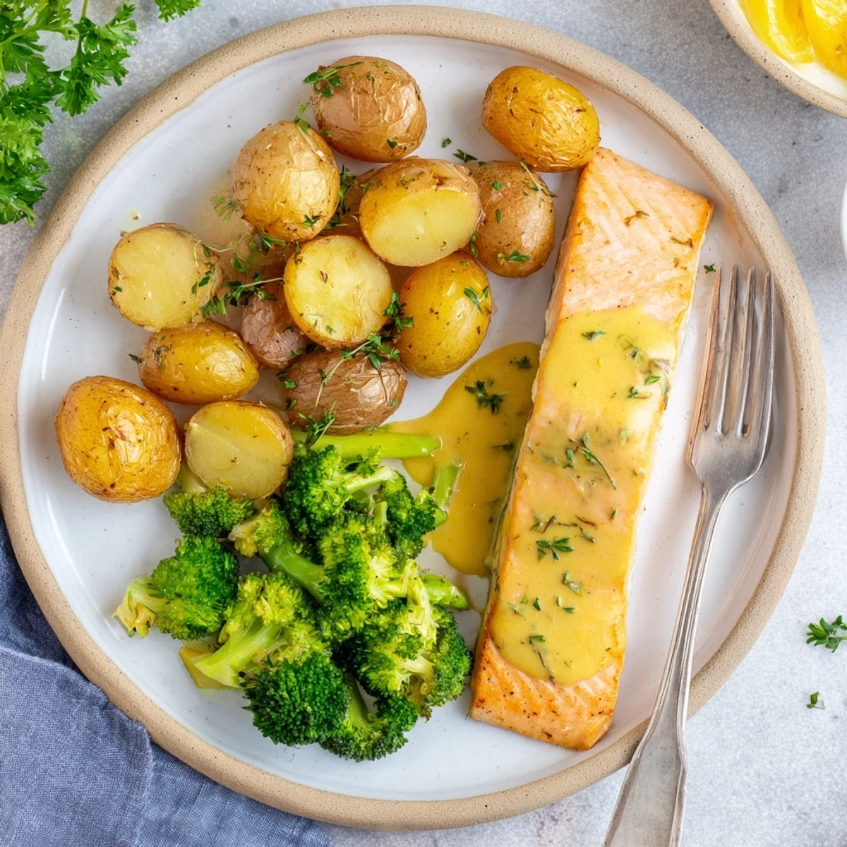 Flaky salmon fillets with bright lemon parsley butter served with golden brown potatoes and green broccoli