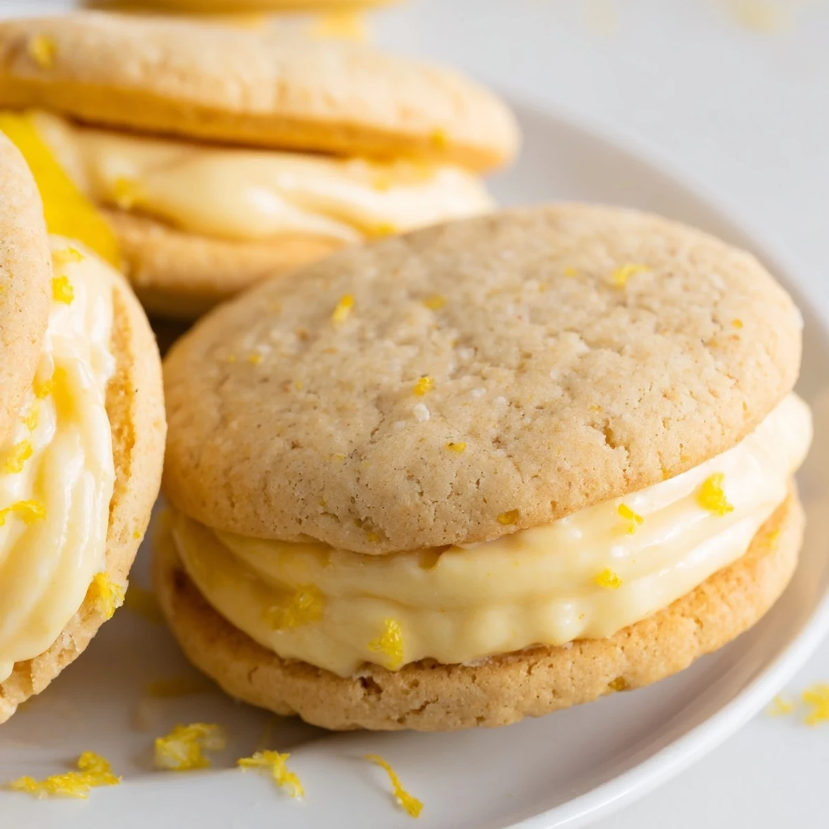 Two golden lemon sandwich cookies filled with vibrant yellow lemon curd filling