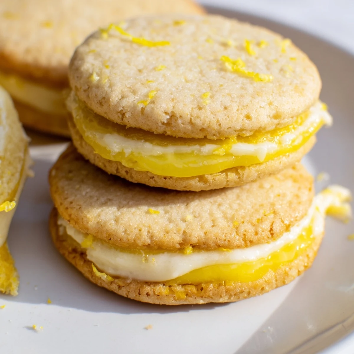Gluten-free lemon sandwich cookies with creamy tangy curd stacked on white plate