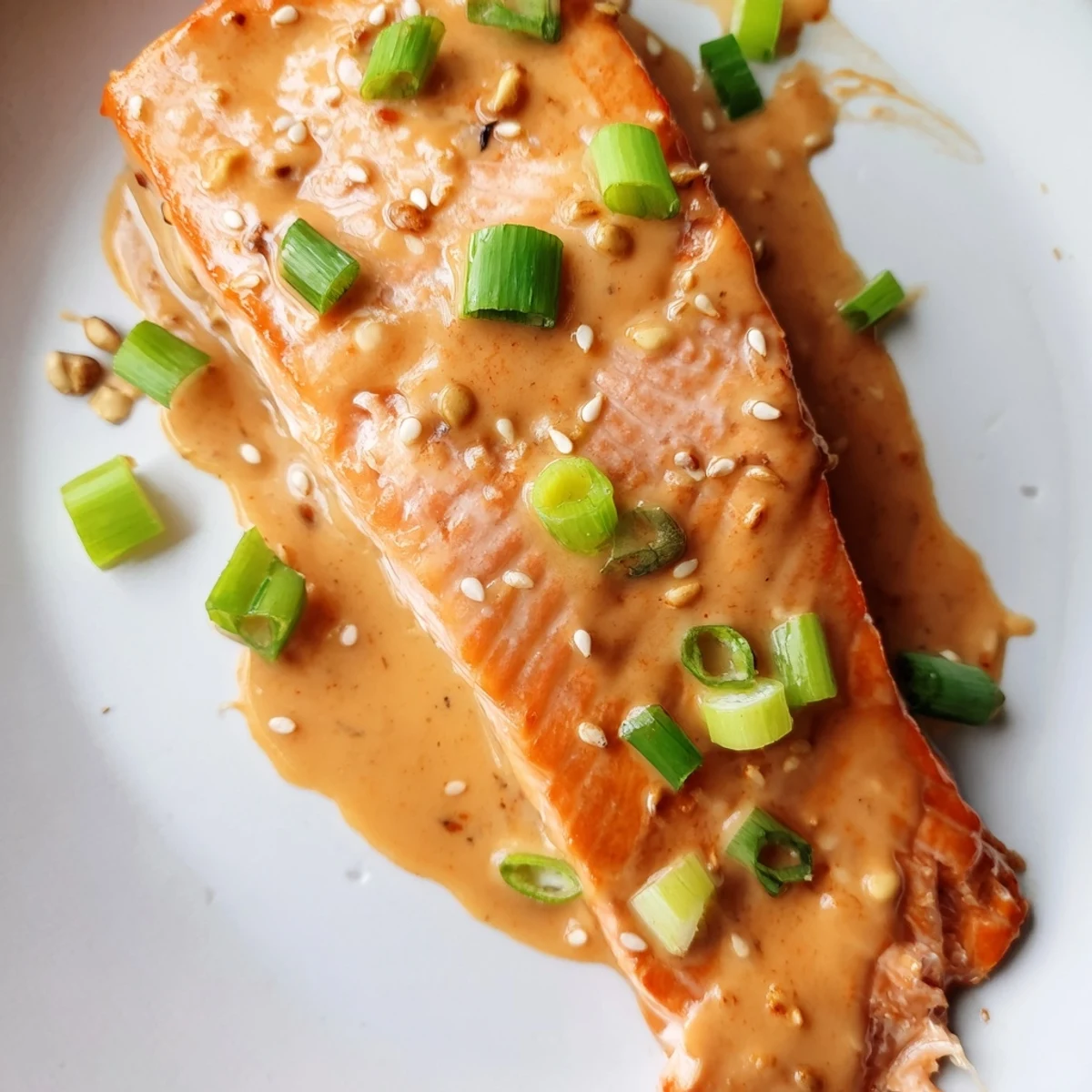 Tender oven-roasted Bang Bang Salmon topped with sweet chili sriracha glaze and green onions