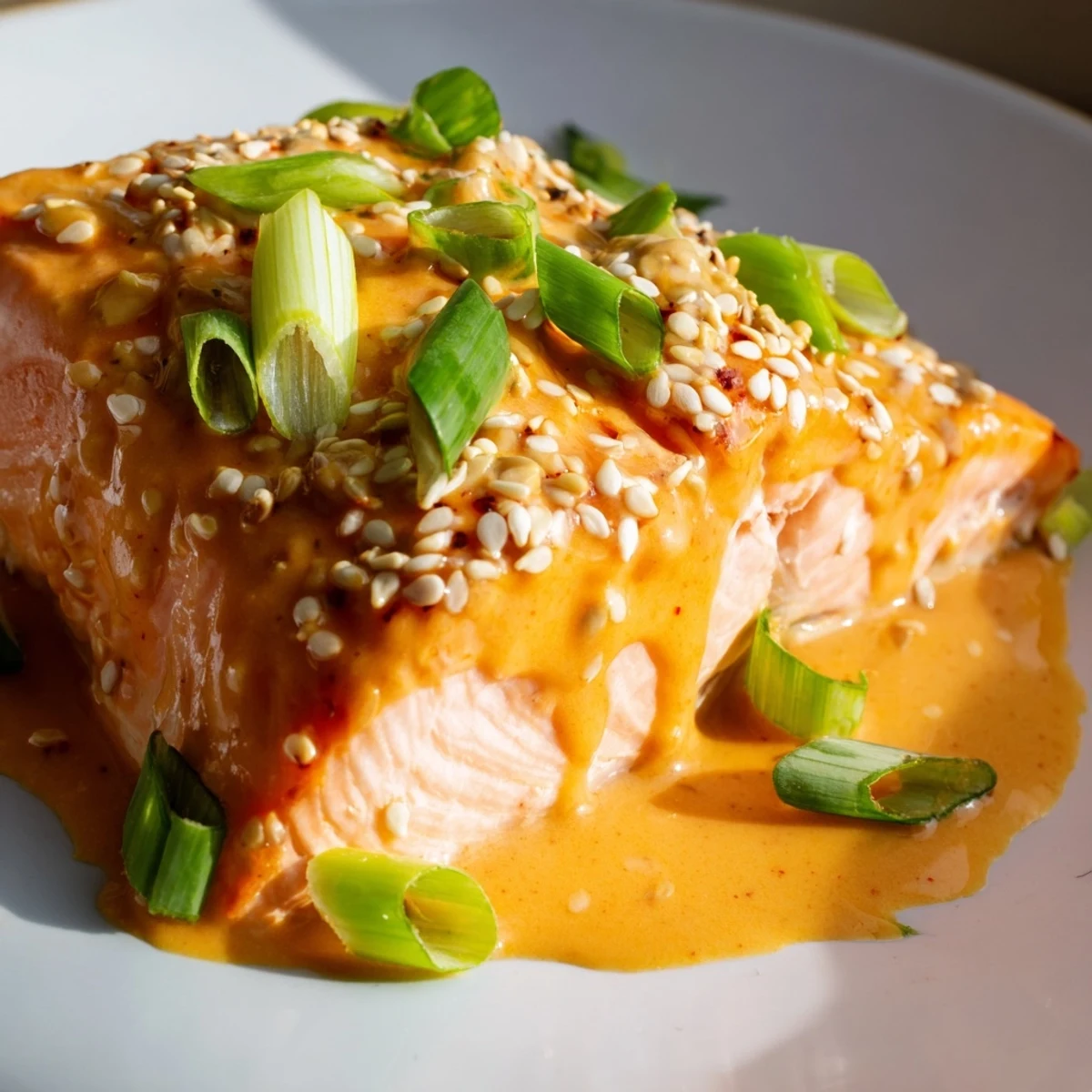 Golden baked Bang Bang Salmon fillets drizzled with creamy spicy sauce and sesame seeds