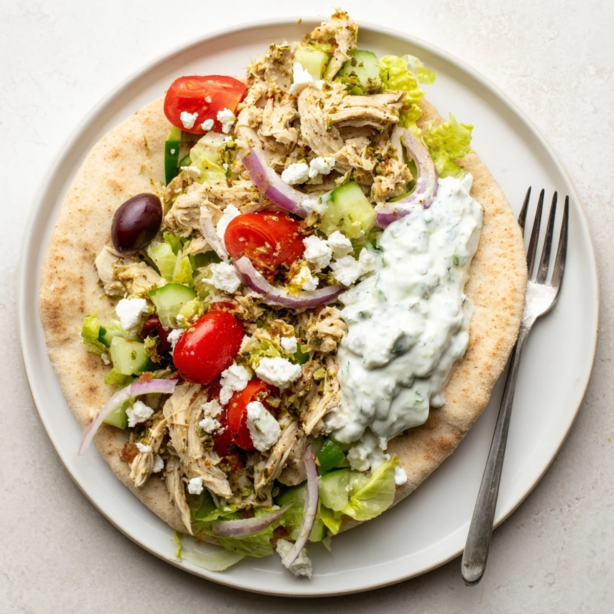 Tender shredded spiced chicken nestled in soft pita bread with tangy yogurt sauce and feta