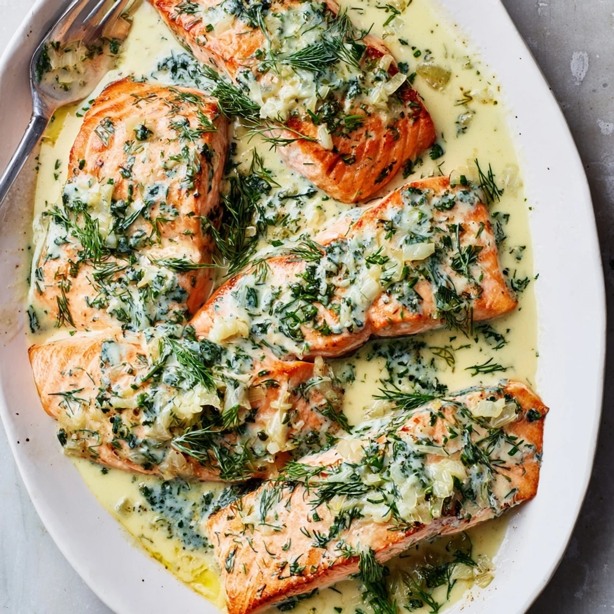 Golden pan-seared salmon fillets swimming in a rich garlic butter cream sauce with fresh herbs