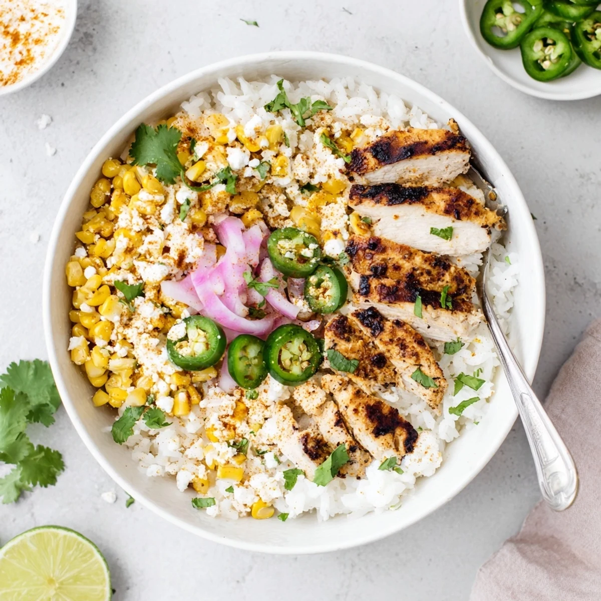 Golden grilled chicken slices topped with zesty street corn mixture over fluffy white rice