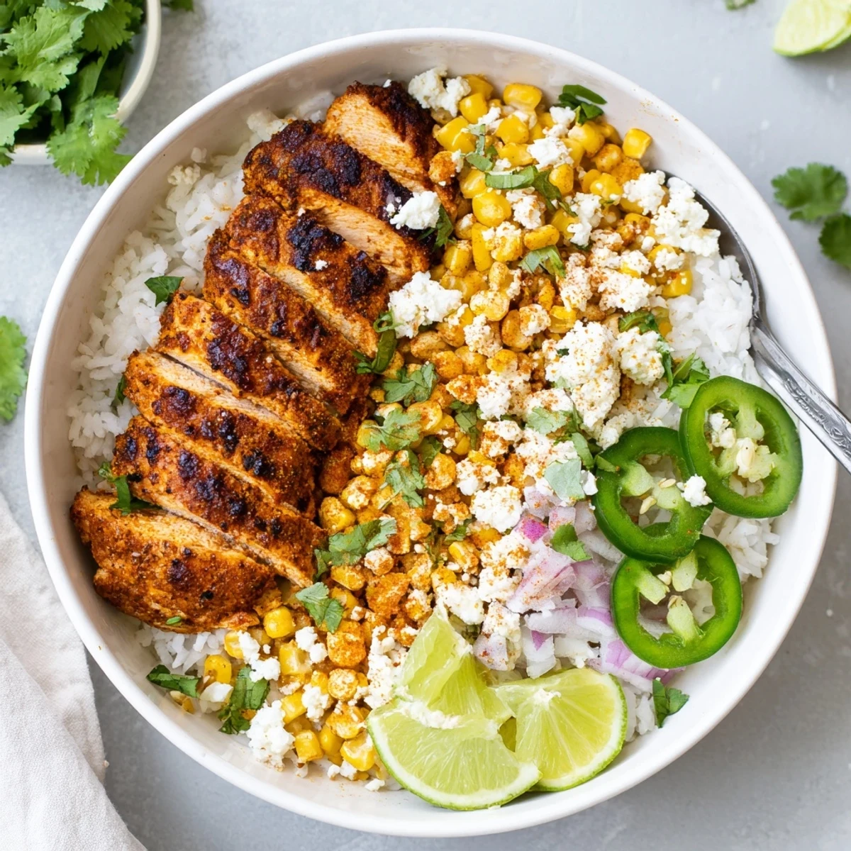 Colorful Easy Street Corn Chicken Bowl featuring charred corn, creamy cotija, and seasoned grilled chicken