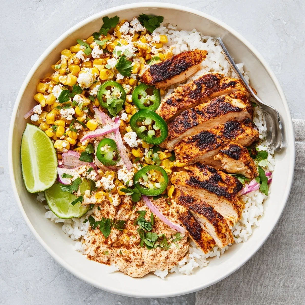 Mexican-inspired chicken bowl with sweet corn, tangy lime crema, and fresh cilantro garnish