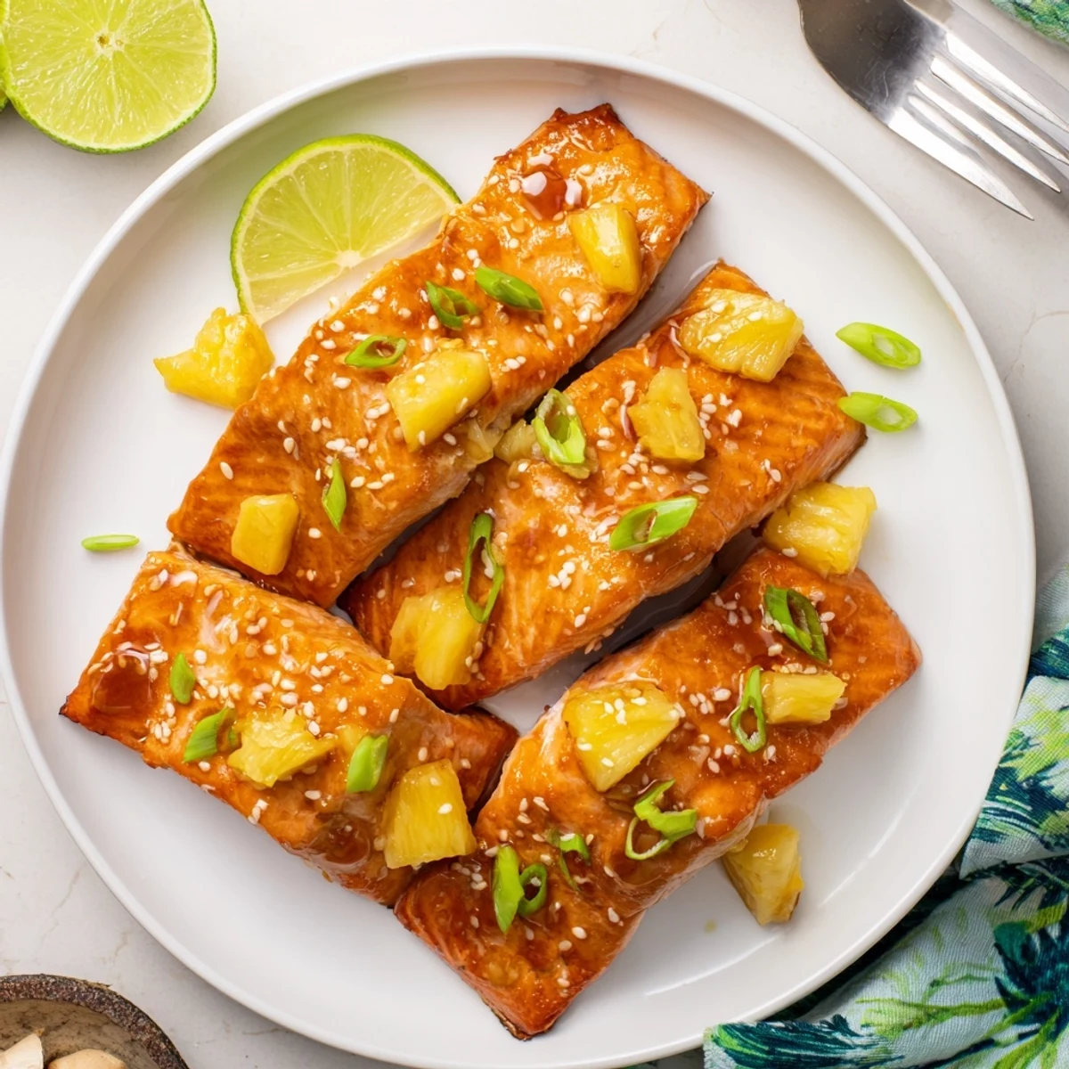 Golden brown pineapple glazed salmon fillets drizzled with shiny sweet and tangy glaze
